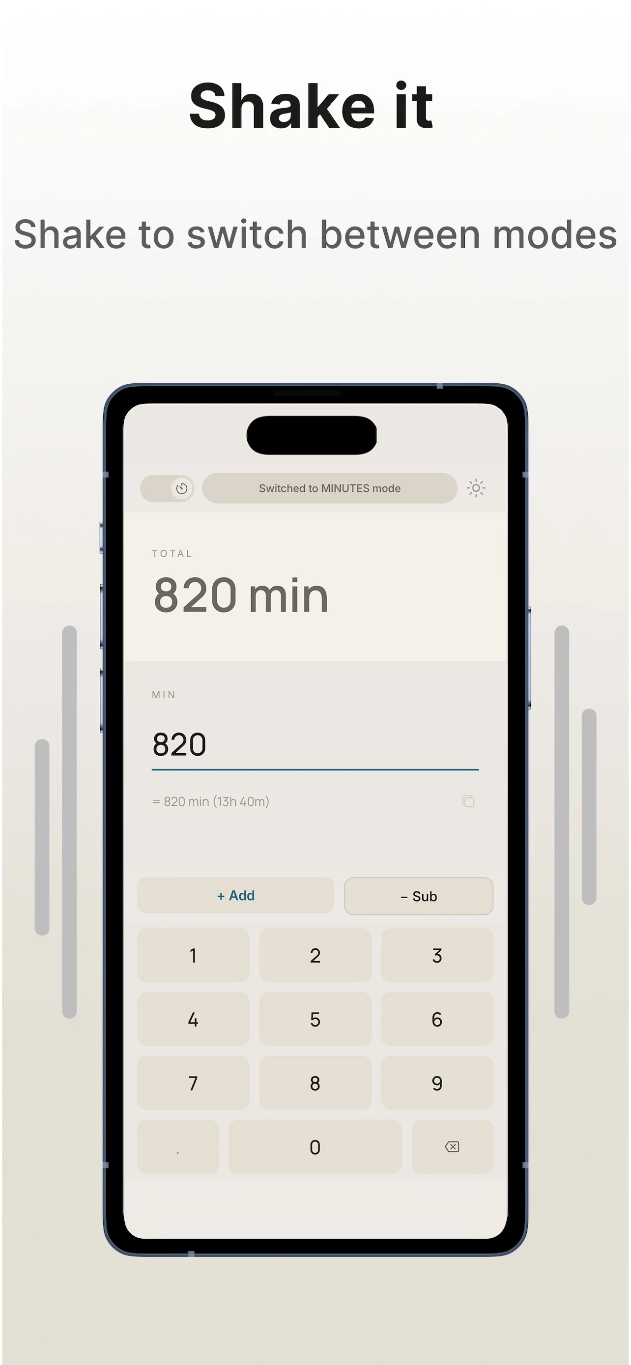 Tasu minutes mode — shake to switch modes